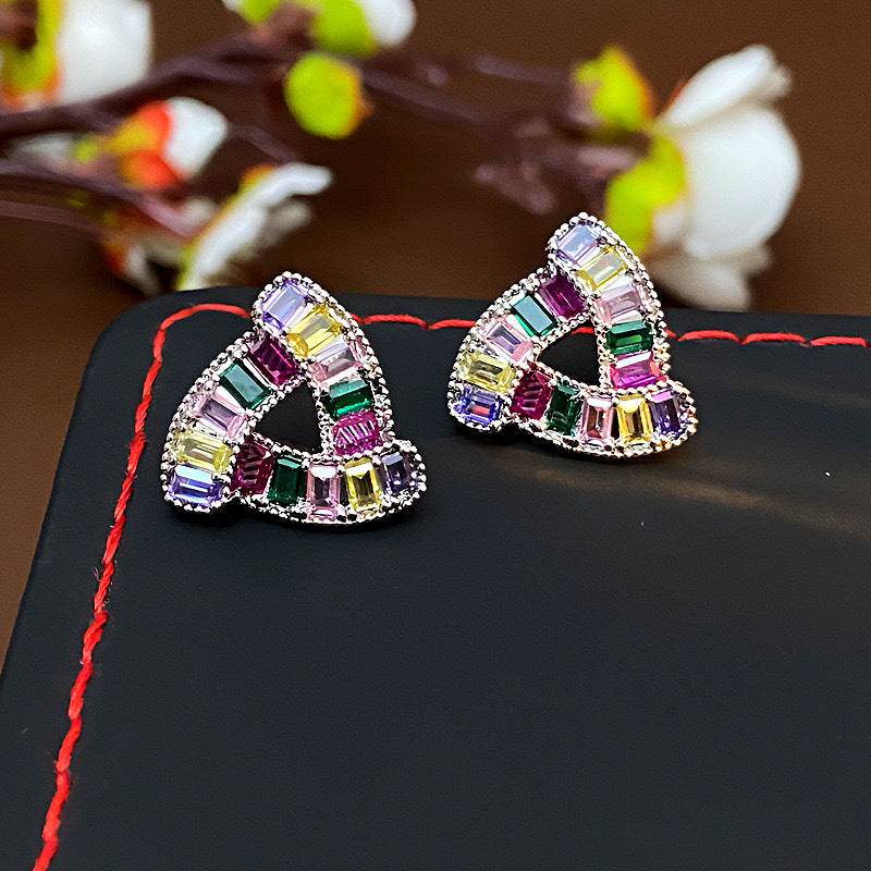 Colorful Diamond Triangle Hollow Stud Earrings, Gold & Silver Tone Rainbow Crystal Jewelry