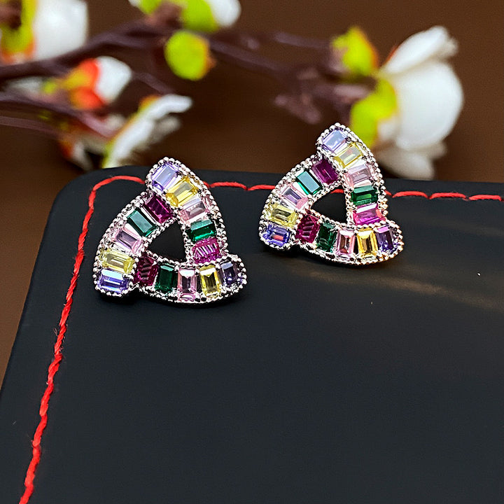 Colorful Diamond Triangle Hollow Stud Earrings, Gold & Silver Tone Rainbow Crystal Jewelry