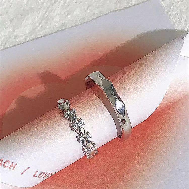 Faceted Surface Diamond‑Inlaid Couple Rings, Adjustable Open Band