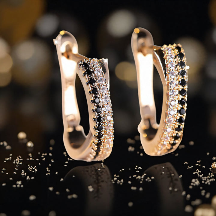 Black‑White Contrast Double‑Row Diamond Huggie Earrings, 3‑Color Options