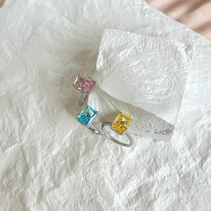 Radiant Cut Rectangular Gemstone Four-Prong Ring, Paved Shank Luxury Engagement Gem Band Multiple Colors