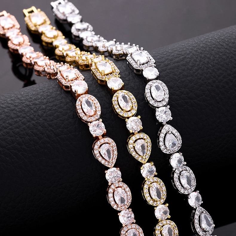 Square & Oval Halo Diamond Tennis Bracelet, Luxury European Full Diamond Gold-Plated Elegant Bracelet for Women