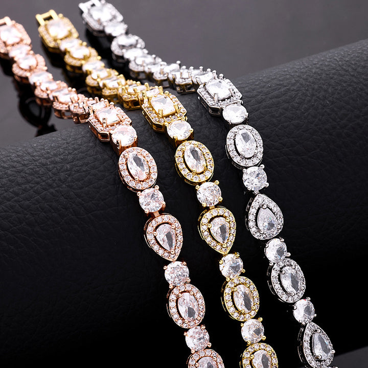 Square & Oval Halo Diamond Tennis Bracelet, Luxury European Full Diamond Gold-Plated Elegant Bracelet for Women
