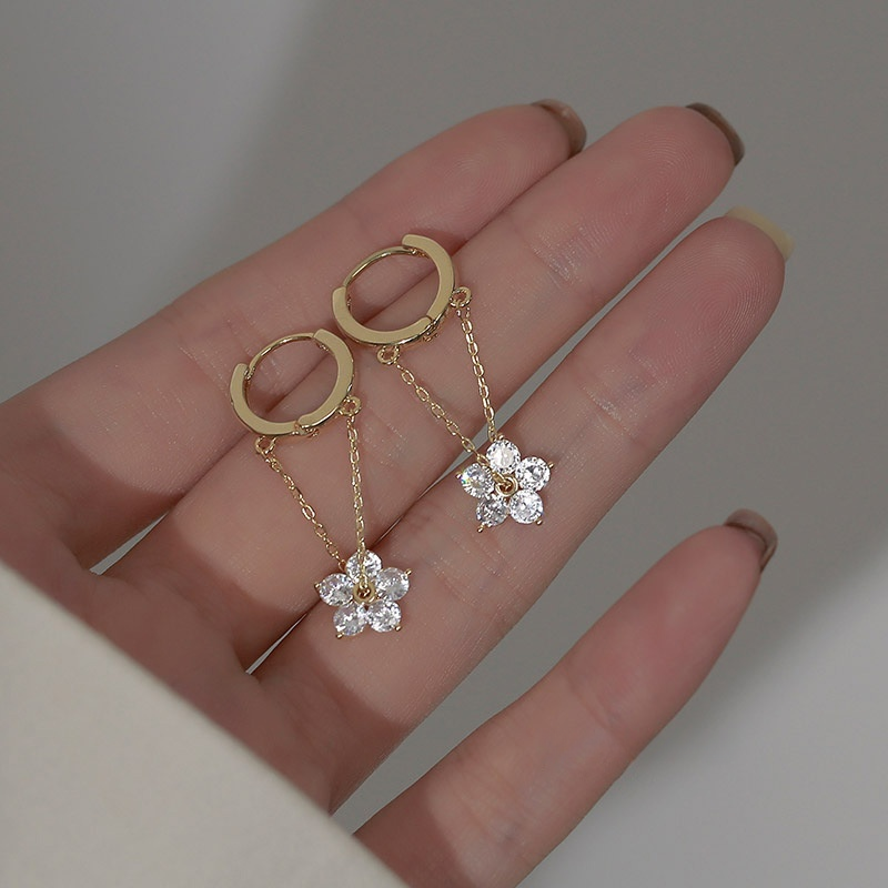 Diamond Flower Drop Huggie Hoop Earrings (2 Colors Delicate Dangle Earrings)