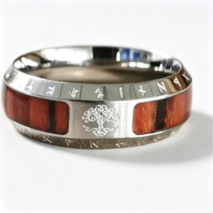 Norse Viking Tree of Life Rune Wood Inlay Ring, S925 Silver Antiqued Multi-Color Unisex Couple Band