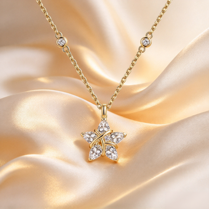Wrapped Star Full Diamond S925 Silver Necklace, Gold & Silver Two-Tone Star Pendant Choker, Luxury Versatile Ladies Neck Chain
