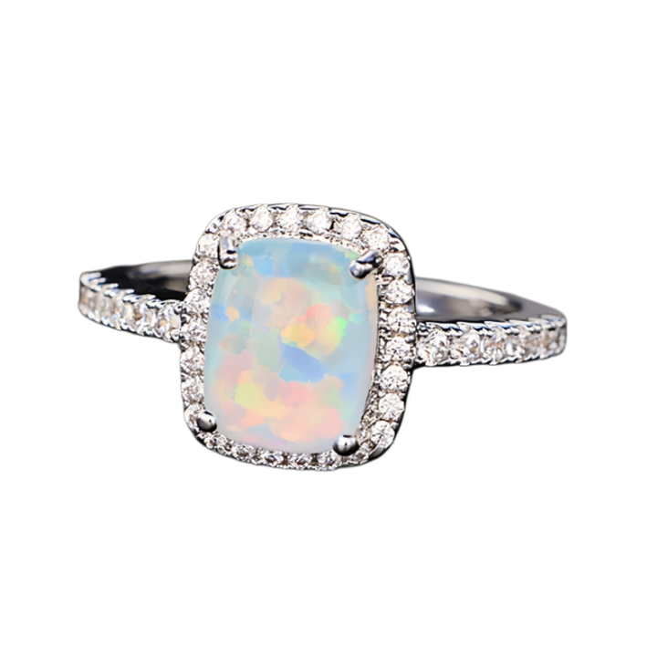Opal Halo Square Sugar Ring (Light Luxury Niche Iridescent Band)