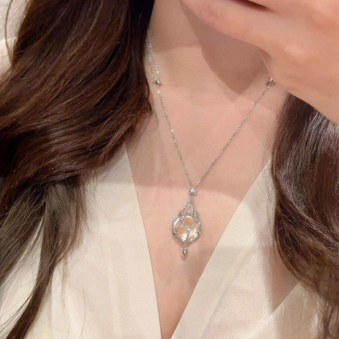 Crystal Ball "Wish Net" Pendant Necklace (Minimalist Silver Tone Clavicle Chain)