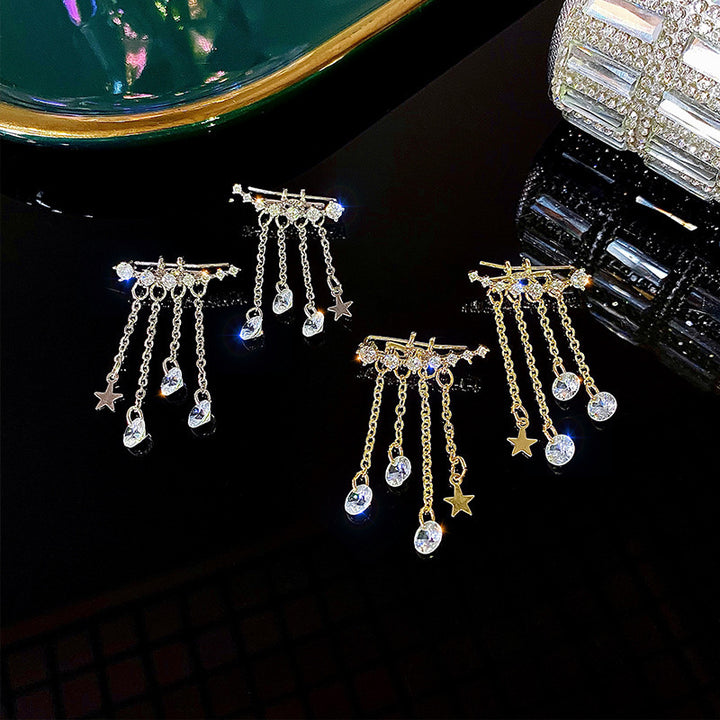 Star & Teardrop Diamond Tassel Stud Earrings, Luxury Long Chain Dangle Earrings, Gold & Silver Two Tones Available