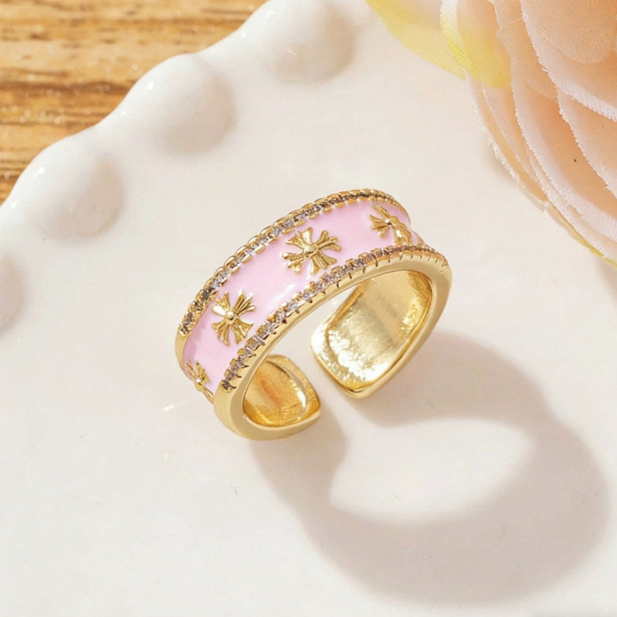 Vintage Rose Diamond Gold Tone Ring (French Romantic Statement Band)