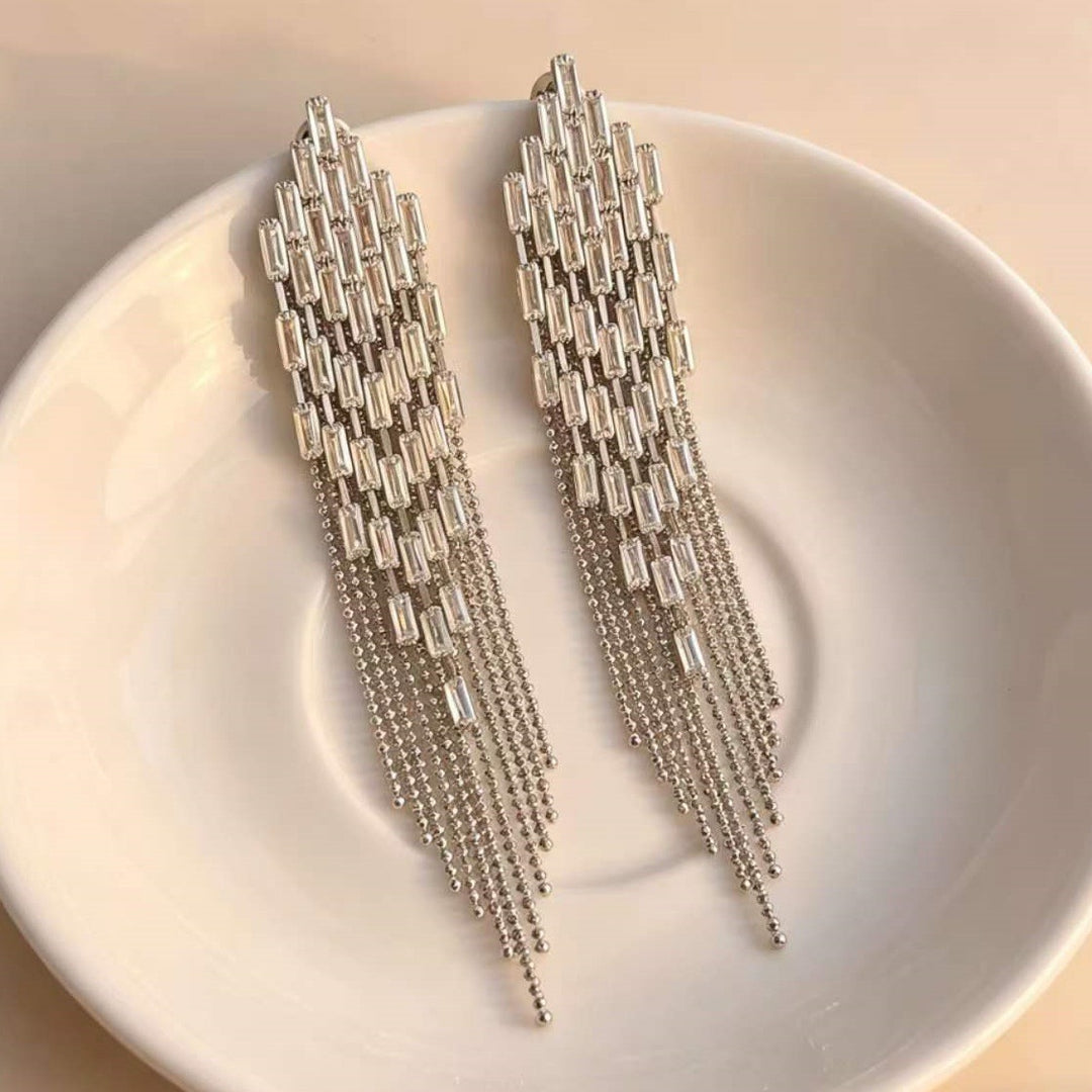 Long Baguette Diamond Tassel Earrings, Luxury Multi-layer Chain Dangle Earrings for Party