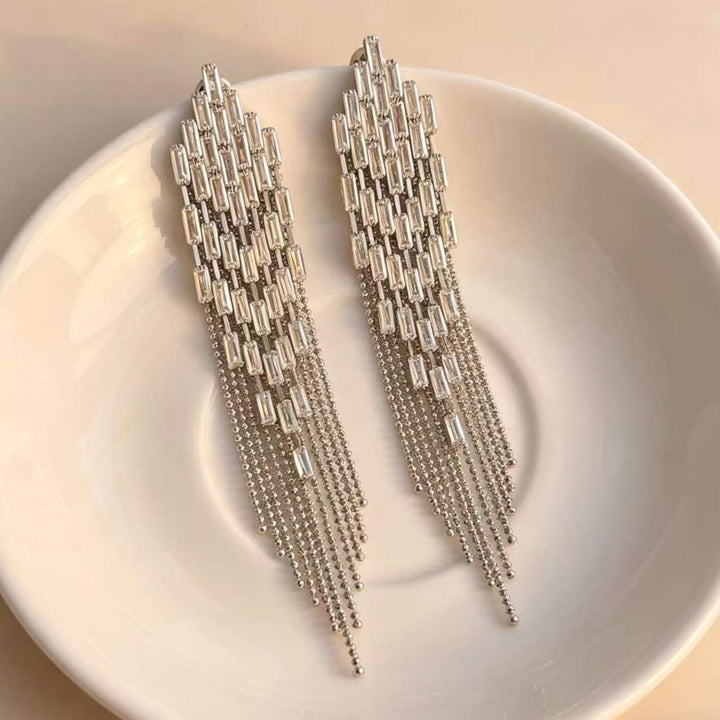 Long Baguette Diamond Tassel Earrings, Luxury Multi-layer Chain Dangle Earrings for Party