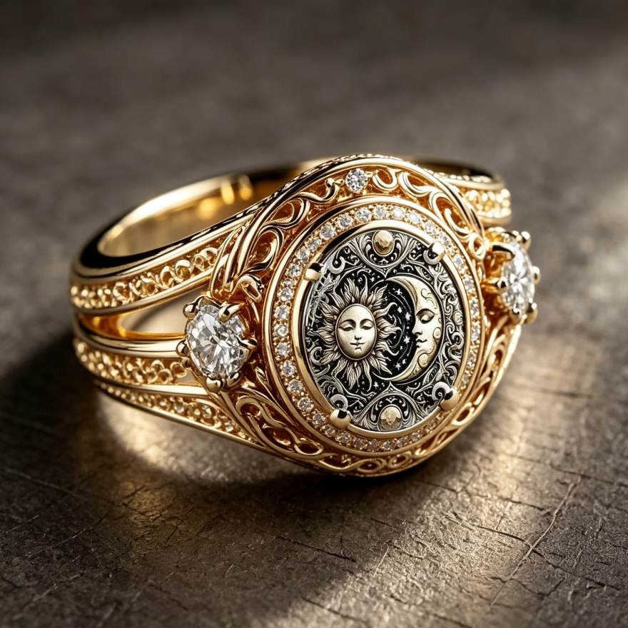 Vintage Sun Moon Embossed Hollow Diamond Ring, S925 Silver 14K Gold Plated Royal Carved Luxury Band For Couple