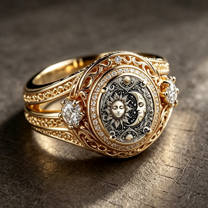 Vintage Sun Moon Embossed Hollow Diamond Ring, S925 Silver 14K Gold Plated Royal Carved Luxury Band For Couple