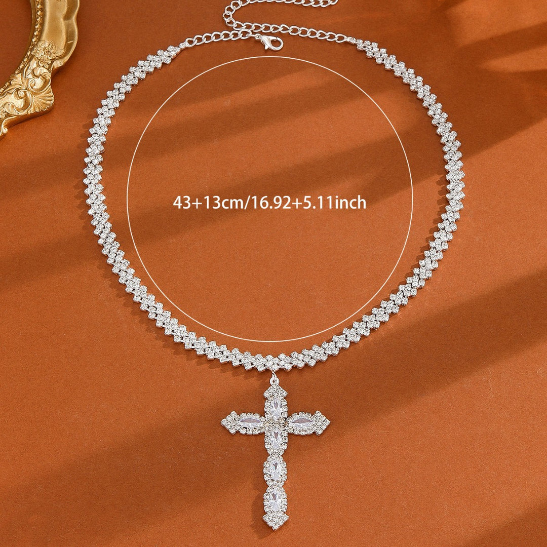 Full-Pavé Cross Pendant V-Shape Tennis Chain Necklace (Silver Tone Evening Jewelry)