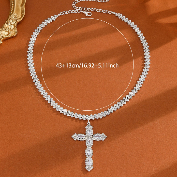 Full-Pavé Cross Pendant V-Shape Tennis Chain Necklace (Silver Tone Evening Jewelry)