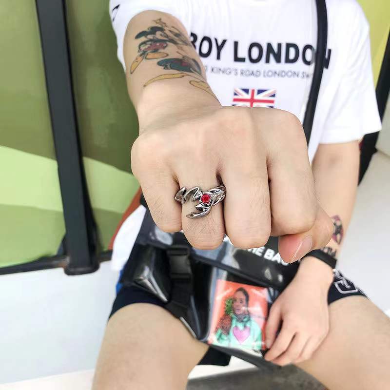 Dark‑Style Scorpion Ring With Red Gemstone, Open‑Band