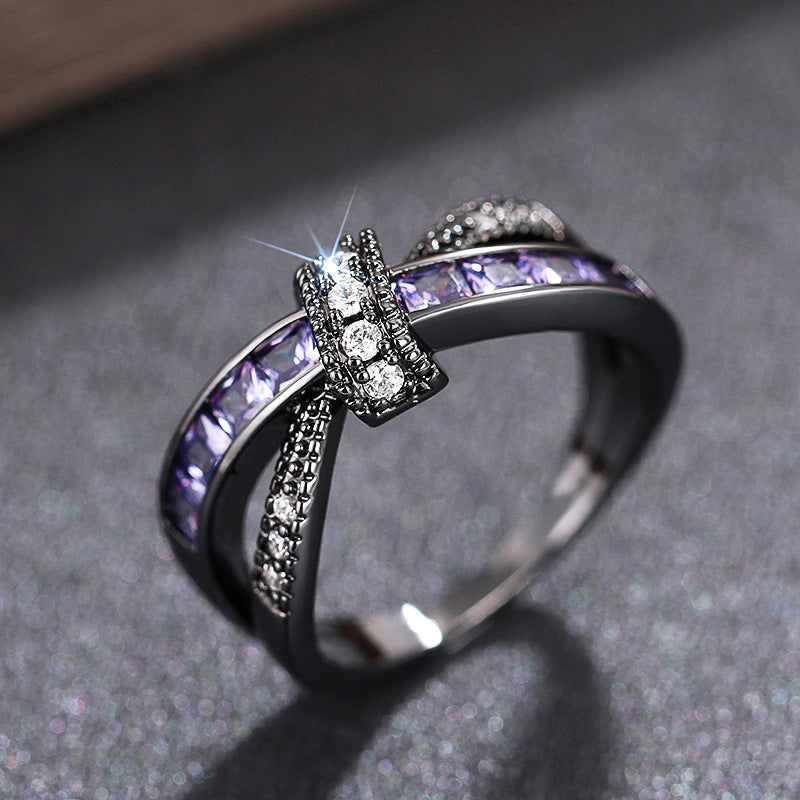 Twisted Cross Purple Crystal Black Gold Ring, Vintage Gunmetal Intertwined Ribbon Band Women Dark Luxury Jewelry