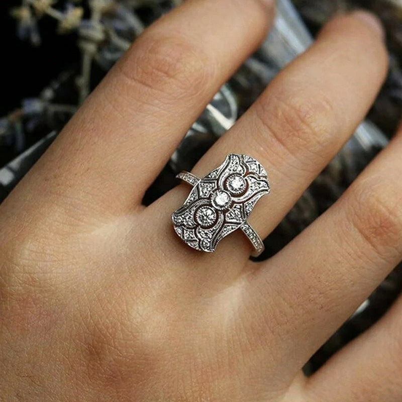 Edwardian Vintage Three-Diamond Openwork Milgrain Wide Ring, Solid S925 Silver Full Pave Antique Engagement Band