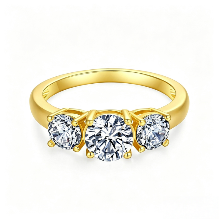 Classic Three Diamond Ring Set, 3-Stone Engagement Ring & Half Eternity Band Gold Silver Stackable Bridal Wedding Rings