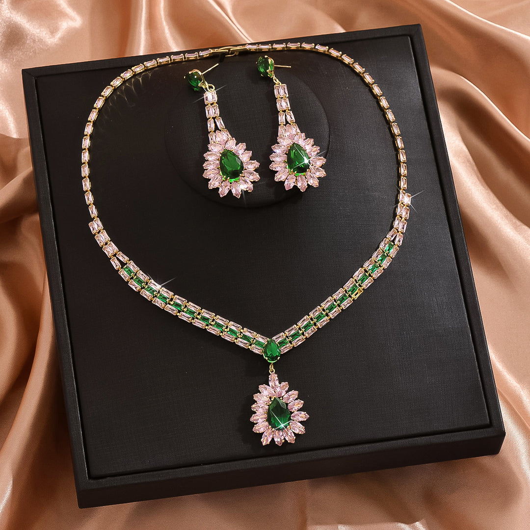 S925 Silver Pink & Green Diamond Necklace and Earring Set, Luxury V-shaped Colored Diamond Jewelry 2-Piece Set for Banquet