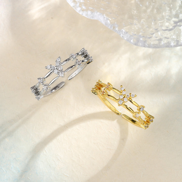 Double Layer Branch Pave Crystal Open Ring, Gold & Silver French Floral Adjustable Thin Band