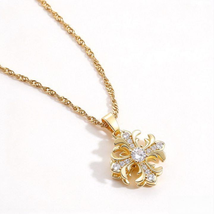 Vintage Carved Cross S925 Silver Necklace, Palace Style 3D Diamond Inlaid Pendant, Gold & Silver Two-Tone Twist Chain Necklace