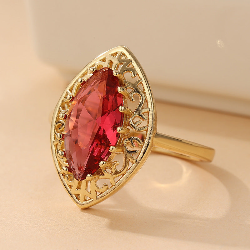 S925 Silver Gold‑Tone Marquise Red Stone Openwork Ring, Vintage Royal‑Style Women Band
