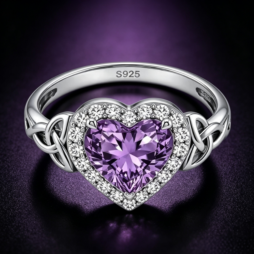 Heart‑Shaped Purple Diamond Ring With Celtic Knot Details For Women