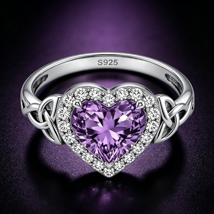 Heart‑Shaped Purple Diamond Ring With Celtic Knot Details For Women