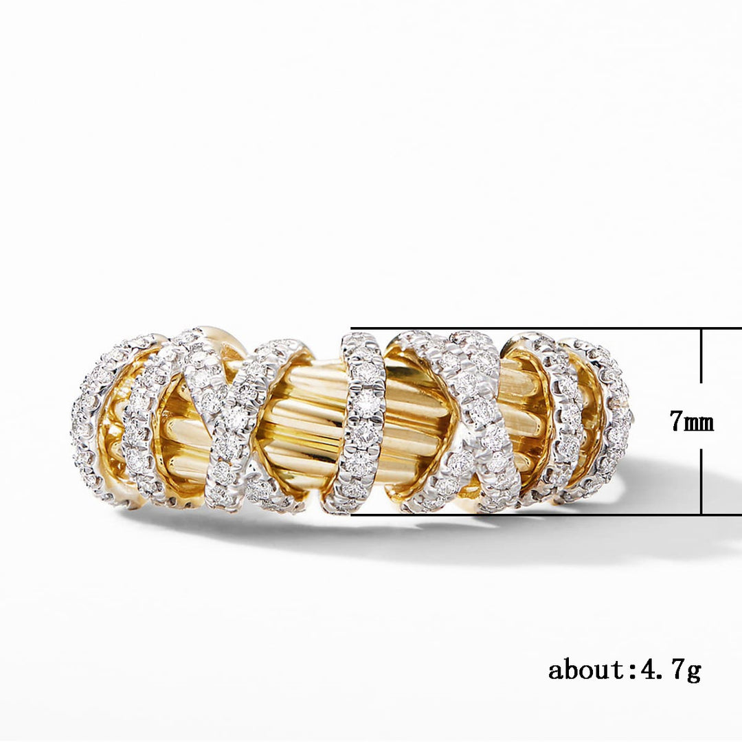 Two-Tone Intertwined Twist Multi-Layer Diamond Ring, Luxury Two-Tone Woven Line Wide Statement Band