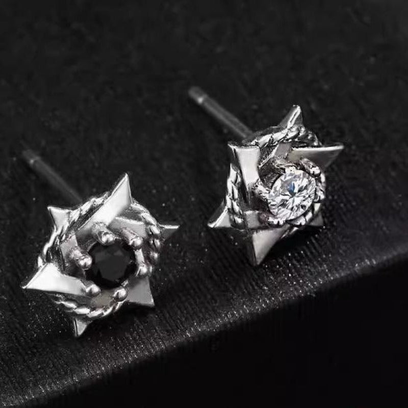Vintage Antiqued Hexagram S925 Silver Stud Earrings, Rope Wrapped Diamond Studs, Dark Punk Unisex Earrings, White Diamond / Black Diamond Two Options