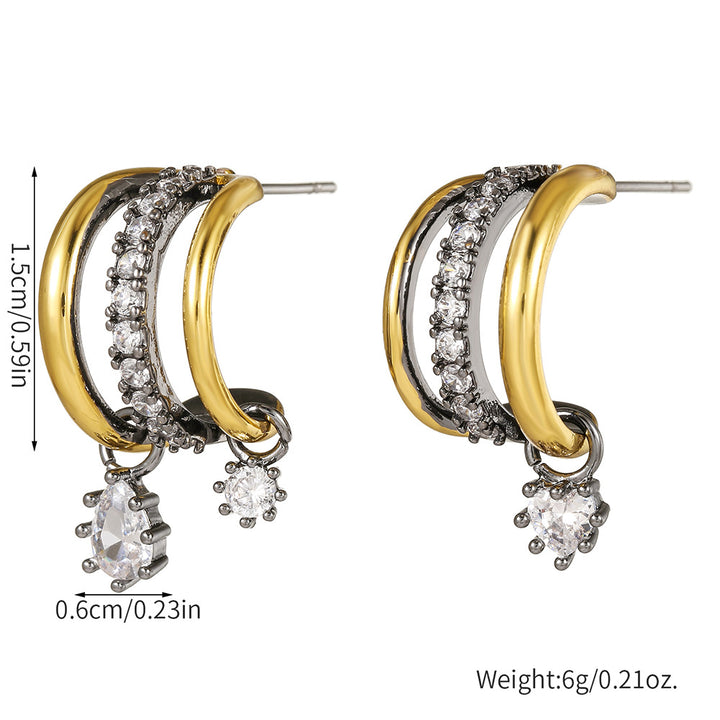 Two-Tone Triple C-Shape Diamond Drop Earrings, Vintage Gold & Gunmetal Luxury Dangle Hoops for Women