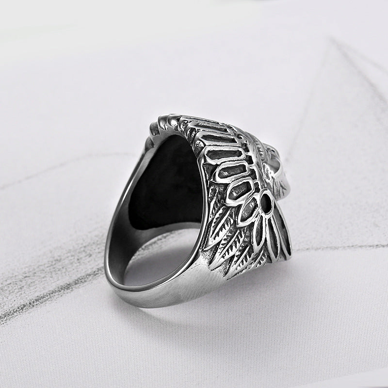 Antiqued Native American Chief 3D Embossed Wide Ring, Solid S925 Silver Tribal Heavy Men’s Band