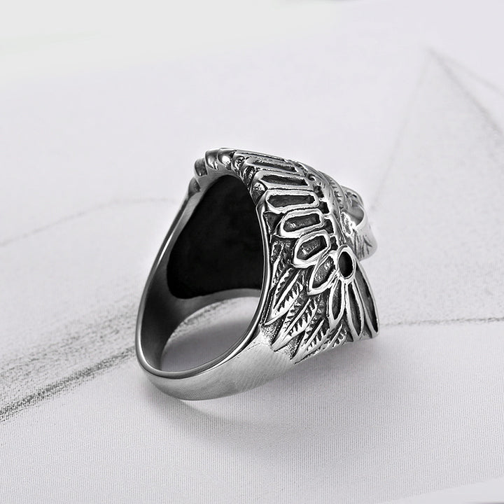 Antiqued Native American Chief 3D Embossed Wide Ring, Solid S925 Silver Tribal Heavy Men’s Band