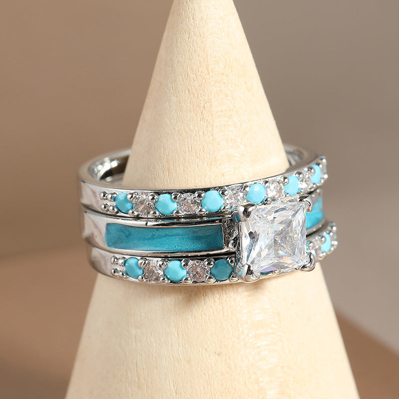 Princess Cut Diamond Turquoise 3-Piece Ring Set, Fresh Blue Stackable Rings, Luxury Women Stacking Band Set