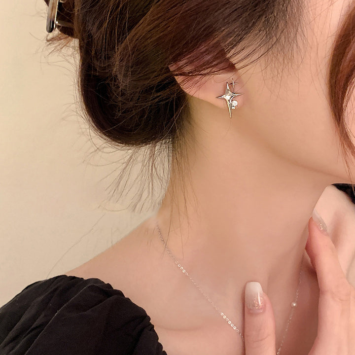 Double Star Burst Diamond Stud Earrings, Delicate Four-point Star S925 Silver Earrings