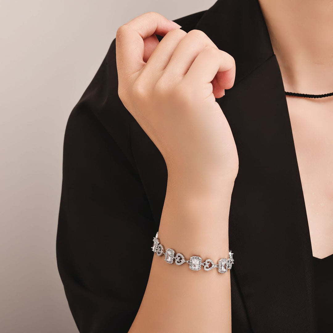 Heart & Rectangle Alternating Luxury Bracelet, 3 Styles Silver/Gold/Multi-Color Gem Women Jewelry