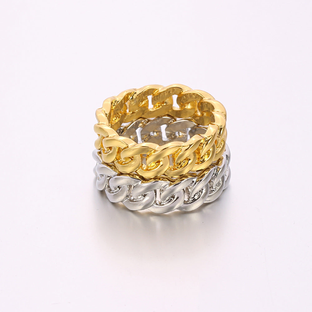 Classic Wide Cuban Chain Ring, Gold & Silver Hip-Hop Street Style Chunky Unisex Band