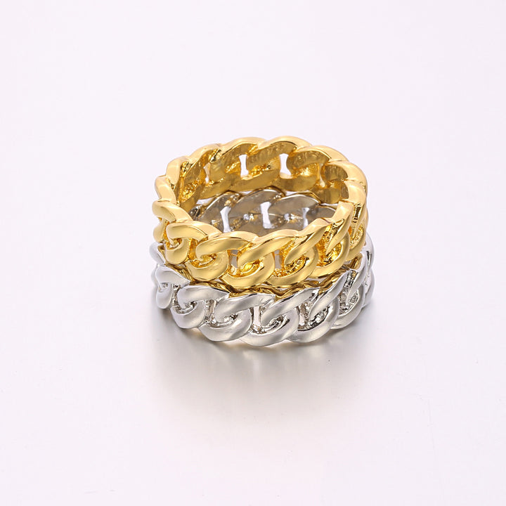 Classic Wide Cuban Chain Ring, Gold & Silver Hip-Hop Street Style Chunky Unisex Band