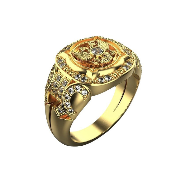 Double-Headed Eagle Embossed Pave Diamond Heavy Gold Men’s Ring, Solid S925 Silver Vintage Royal Crest Wide Statement Band