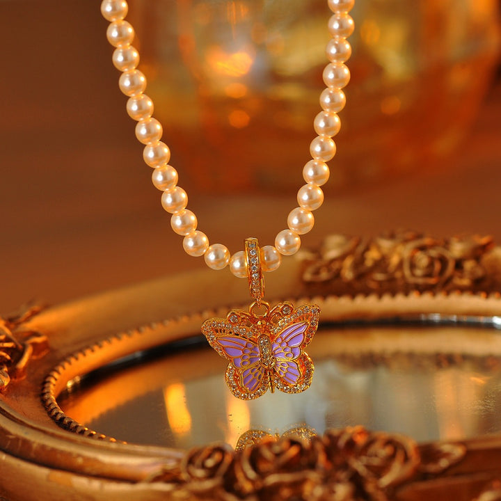Vintage Enamel Butterfly Pearl Necklace, French Elegant Choker