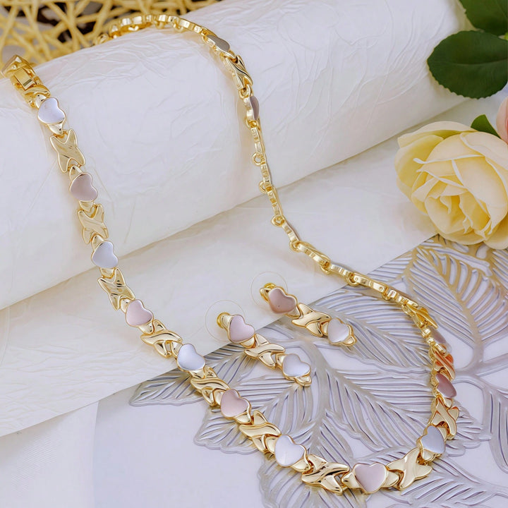 Sweet Two-Tone Enamel Heart Jewelry Set, 3Pcs Necklace Bracelet Earrings Heart Matching Jewelry