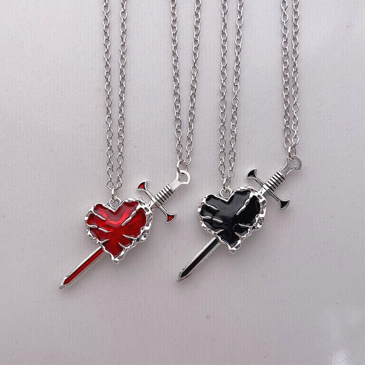 Broken Heart Sword Necklace, Dark Style Sword Through Heart Couple Pendant Set
