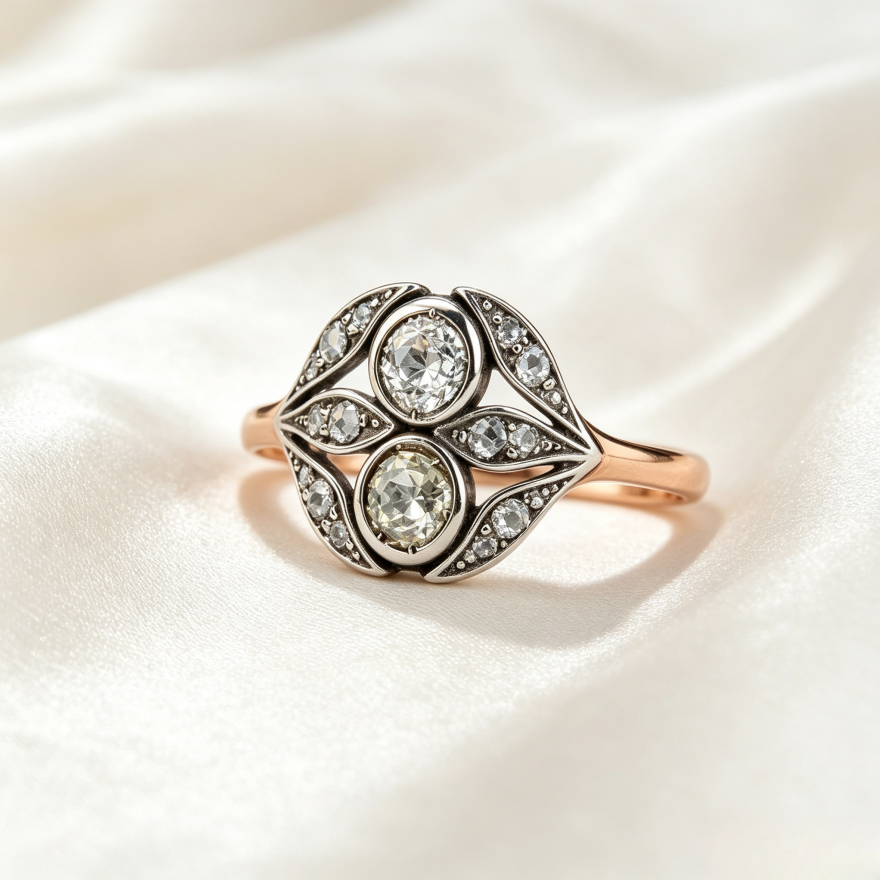 Edwardian Vintage Dual Center Stone Leaf Two-Tone Ring, Solid S925 Silver Rose Gold & Antiqued White Engagement Band
