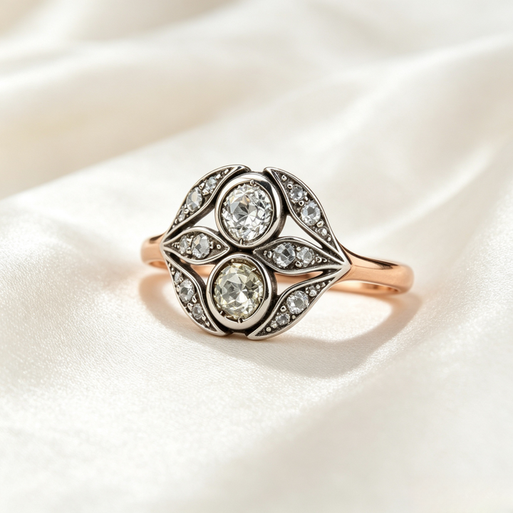 Edwardian Vintage Dual Center Stone Leaf Two-Tone Ring, Solid S925 Silver Rose Gold & Antiqued White Engagement Band