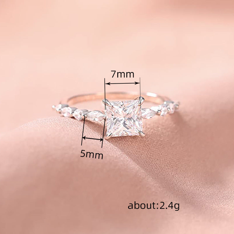 Princess Cut Four-Prong Diamond Ring, Marquise Accent Stone Slim Shank Luxury Engagement Ring for Women