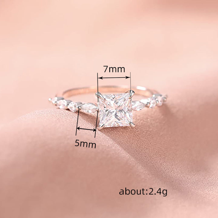 Princess Cut Four-Prong Diamond Ring, Marquise Accent Stone Slim Shank Luxury Engagement Ring for Women