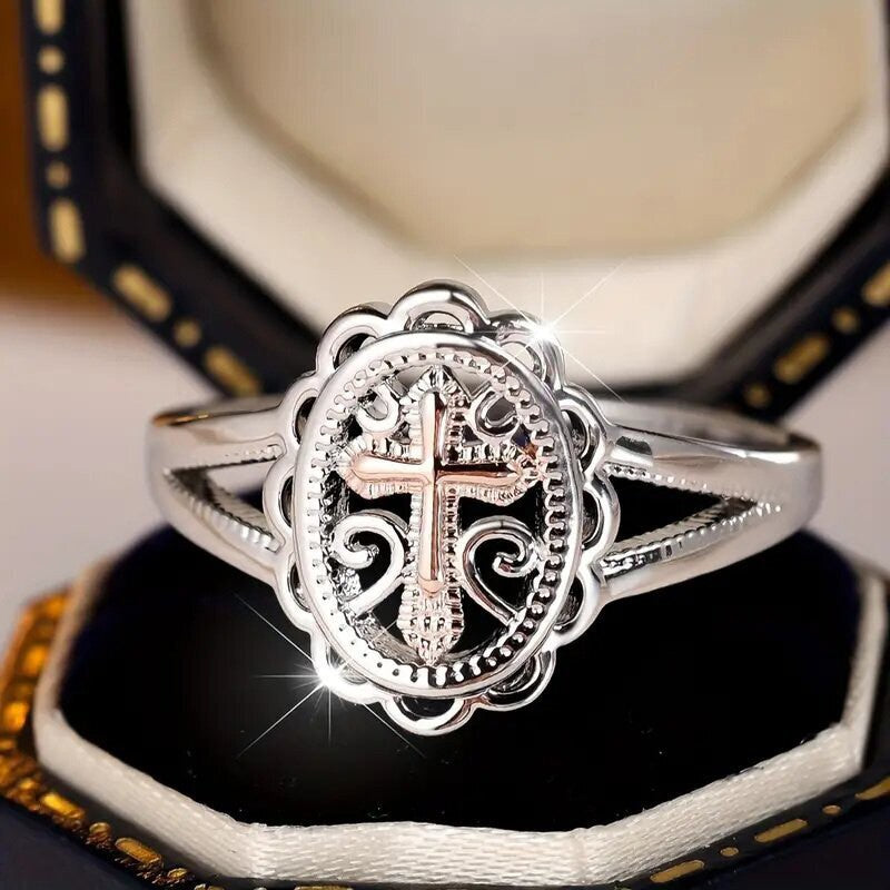 Vintage Lace‑Style Hollow Two‑Tone Cross Women’s Ring