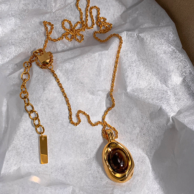 S925 Silver‑Gold‑Plated Irregular Texture Tiger's Eye Pendant Necklace, Vintage Luxury Women's Choker